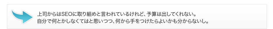 上司からはSEOに取り組めと言われているけれど、予算は出してくれない。自分で何とかしなくてはと思いつつ、何から手をつけたらよいかも分からないし。
