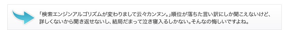 「検索エンジンアルゴリズムが変わりまして云々カンヌン。」順位が落ちた言い訳にしか聞こえないけど、詳しくないから聞き返せないし、結局だまって泣き寝入るしかない。そんなの悔しいですよね。