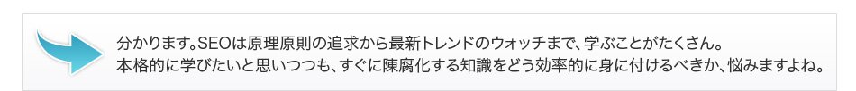 分かります。SEOは原理原則の追求から最新トレンドのウォッチまで、学ぶことがたくさん。本格的に学びたいと思いつつも、すぐに陳腐化する知識をどう効率的に身に付けるべきか、悩みますよね。