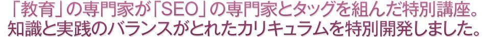 「教育」の専門家が「SEO」の専門家とタッグを組んだ特別講座。知識と実践のバランスがとれたカリキュラムを特別開発しました。